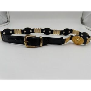 Vintage Style Lion Head Medallion Belt Black Gold Mesh Chain Link M/L